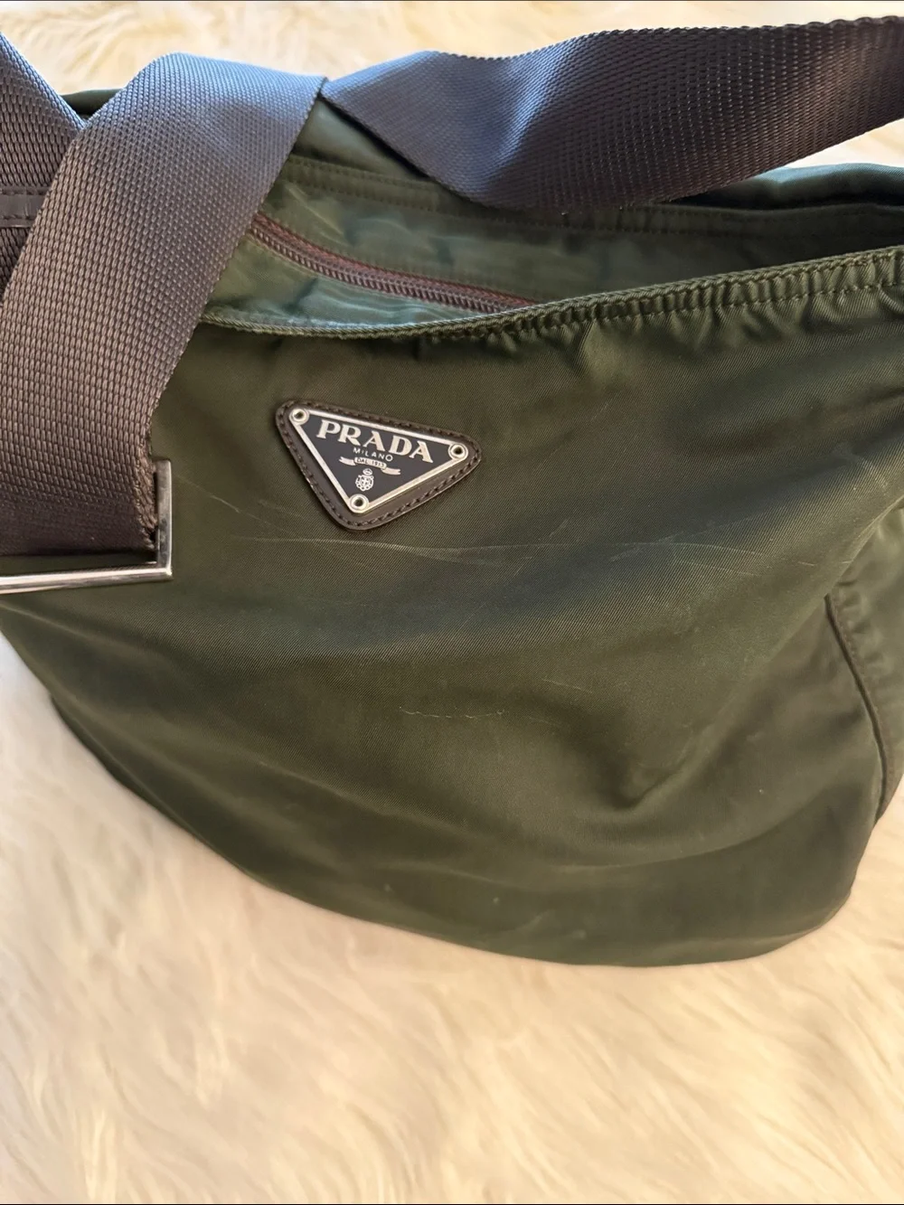 Prada Dark Green Nylon Messenger Bag with Black Strap